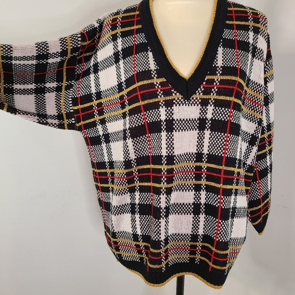 VTG Midnight Blues Metallic Plaid V Neck Sweater MED 90's Academia Relaxed Retro - Picture 5 of 10